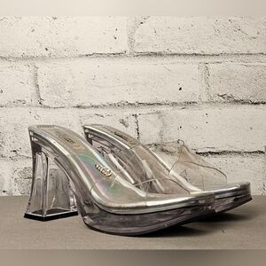 Vintage Y2K Clear Platform Heels Rhinestone Heart Mule Size 8